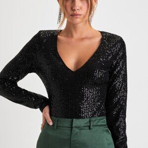 Lulus Sparkling Evenings Black Sequin V-neck Long Sleeve Bodysuit - Size S